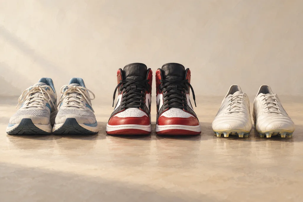 Trois paires de chaussures de sports de raquette alignées côte à côte sur un sol neutre.