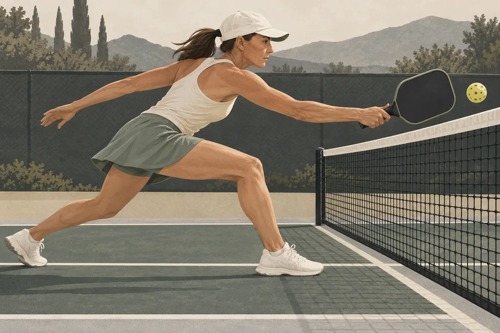 Un joueur de pickleball plié sur une jambe pendant une fente vers l'avant près du filet.