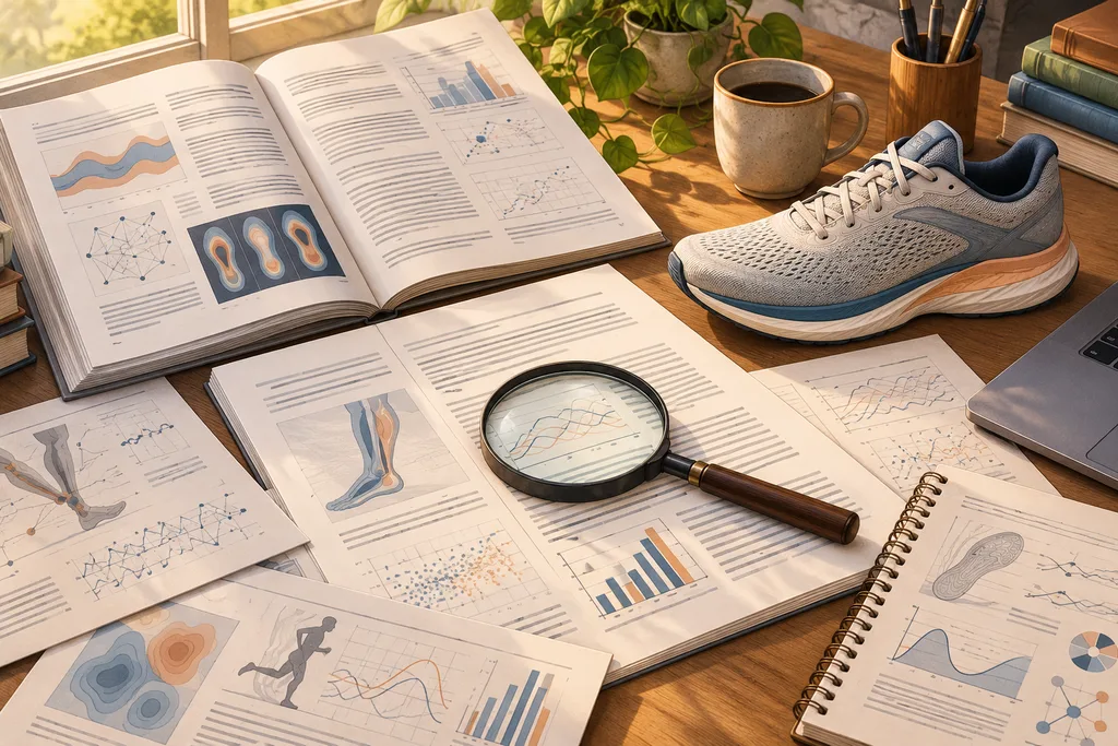 Un bureau avec des articles scientifiques ouverts et une chaussure de sport posée à côté.