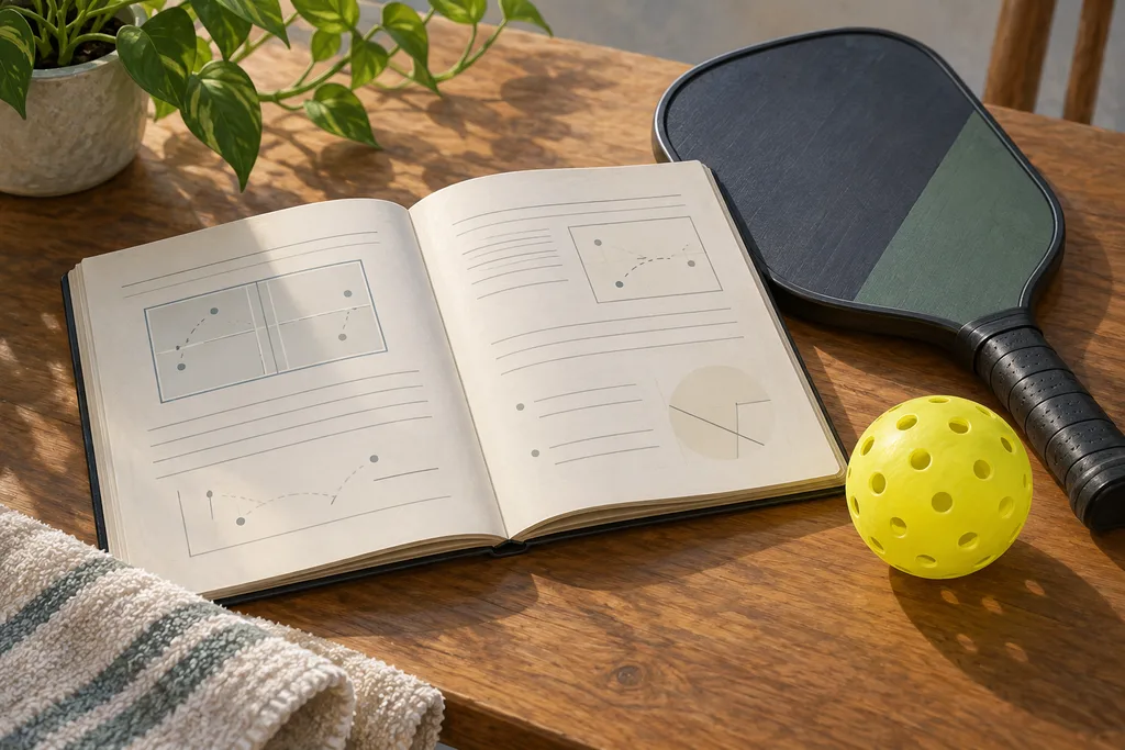 Un livret de règlement posé sur une table près d'une raquette et d'une balle de pickleball.