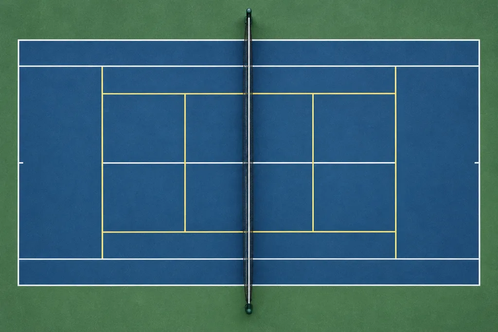 Un court de tennis sur lequel sont tracées les lignes d'un terrain de pickleball.